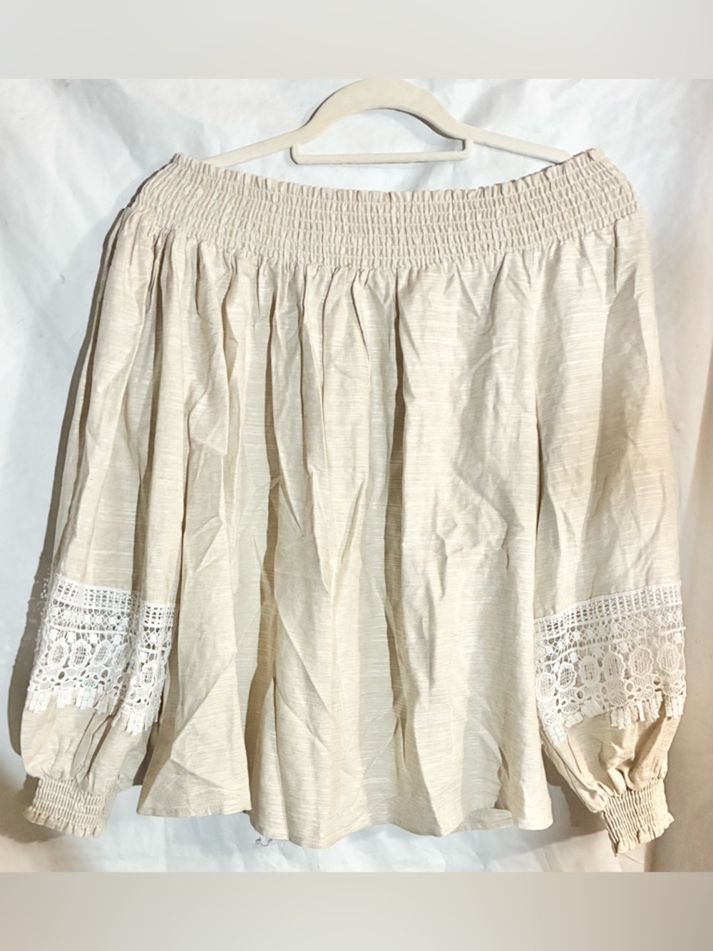 Parker Linen Off Shoulder  Blouse Sz S Smocked Peasant Cottagecore Su25